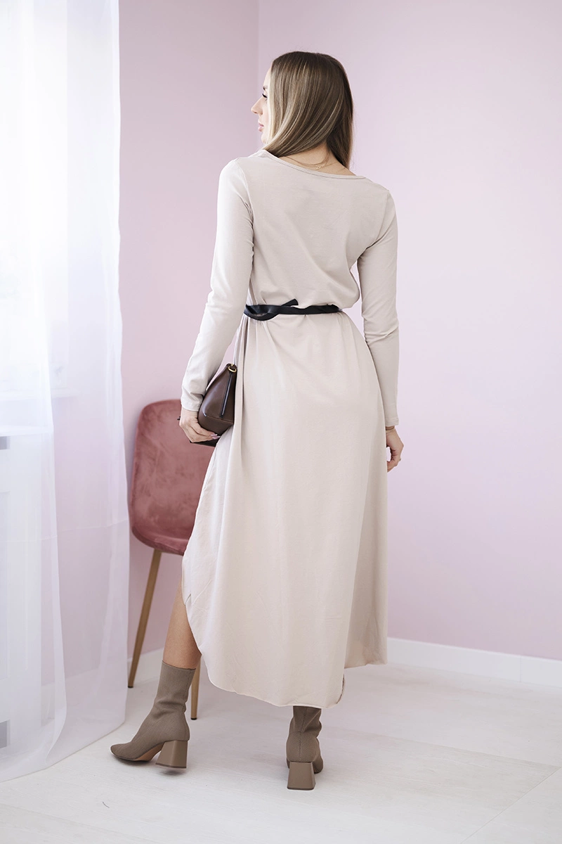 Dress with decorative belt and inscription beige