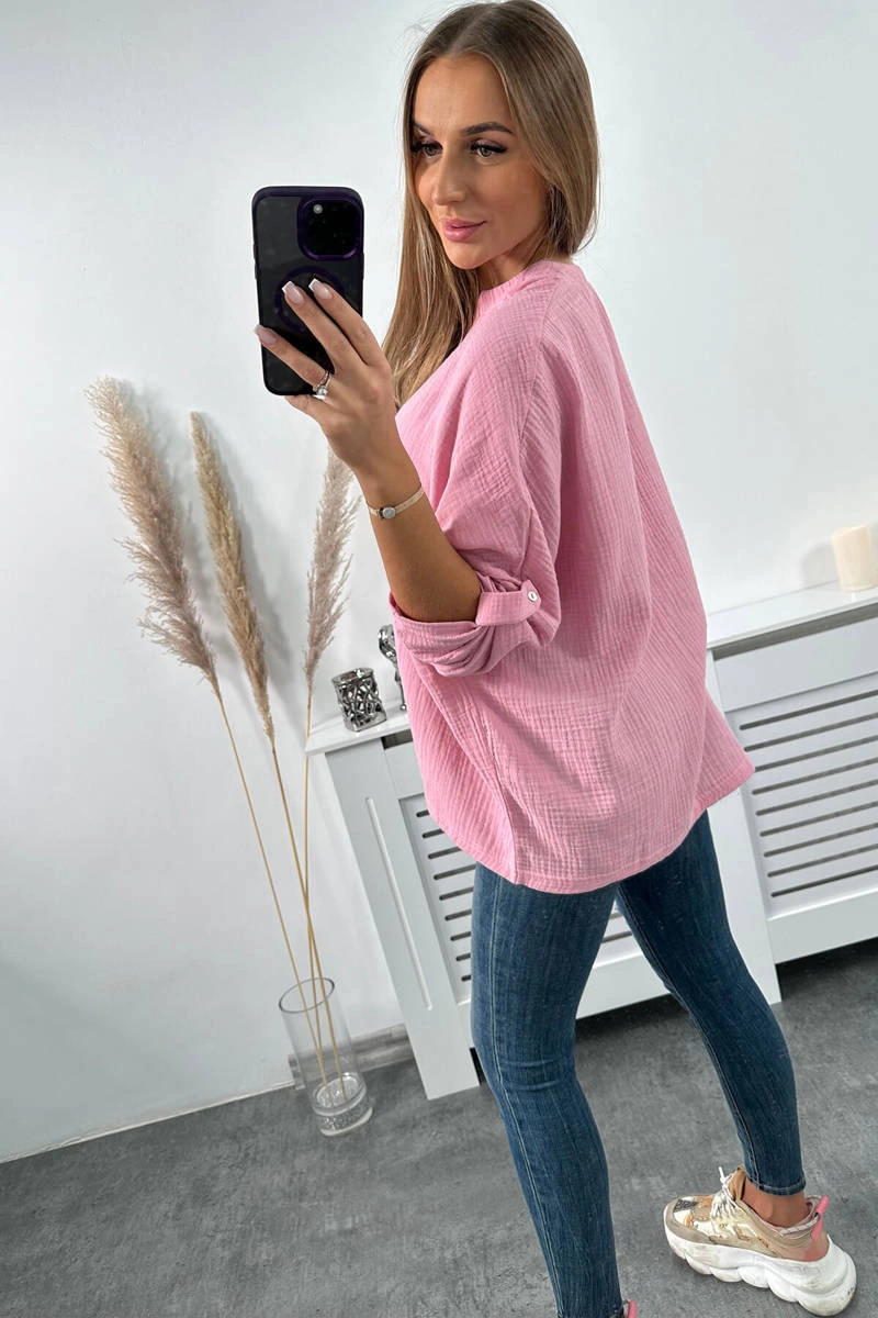 Cotton blouse with rolled up sleeves in light pink color