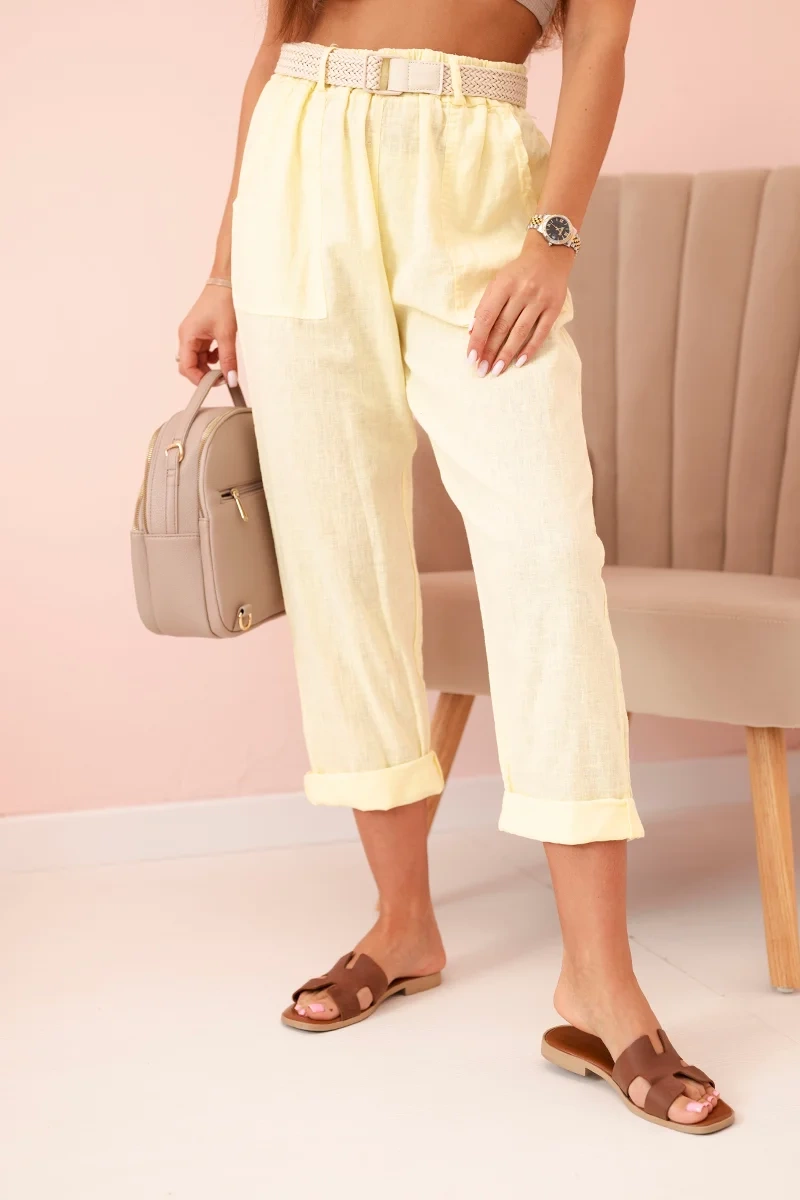 Kesi Włoski Women's linen cotton pants with a belt - yellow