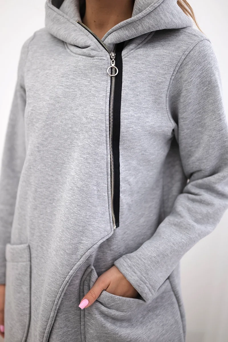 Insulated sweatshirt with asymmetrical zipper in gray color