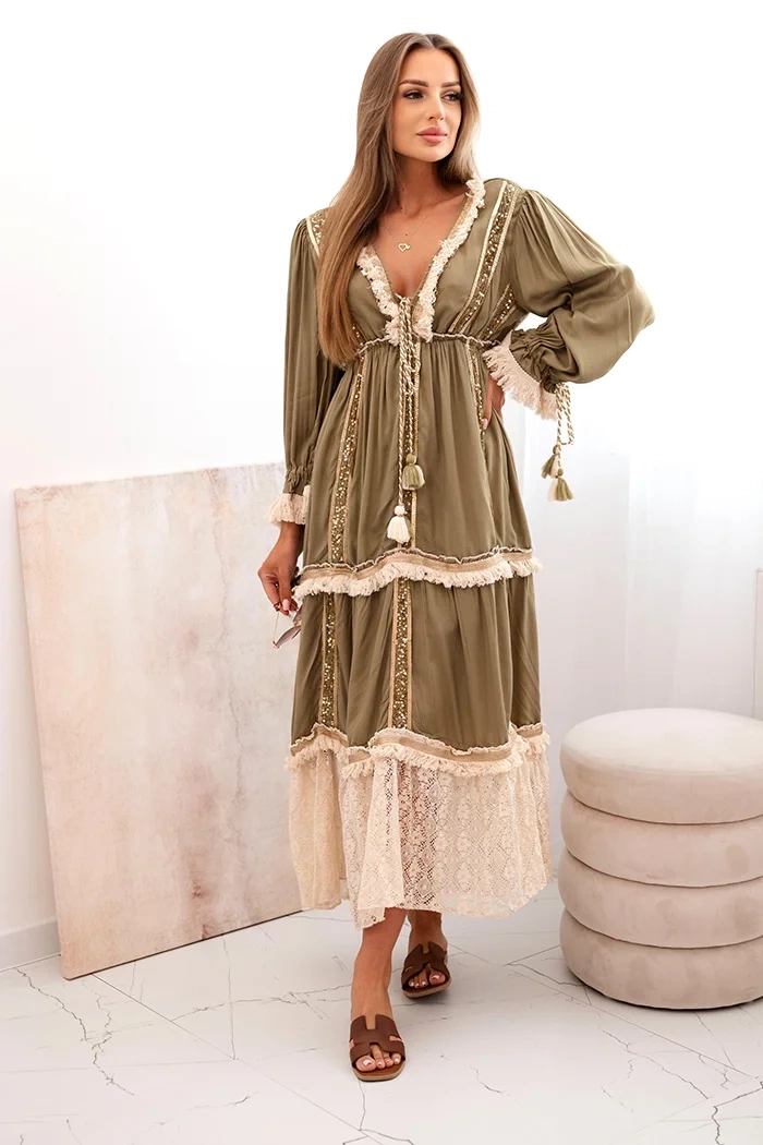 Kesi Włoski Women&#039;s boho dress with lace khaki