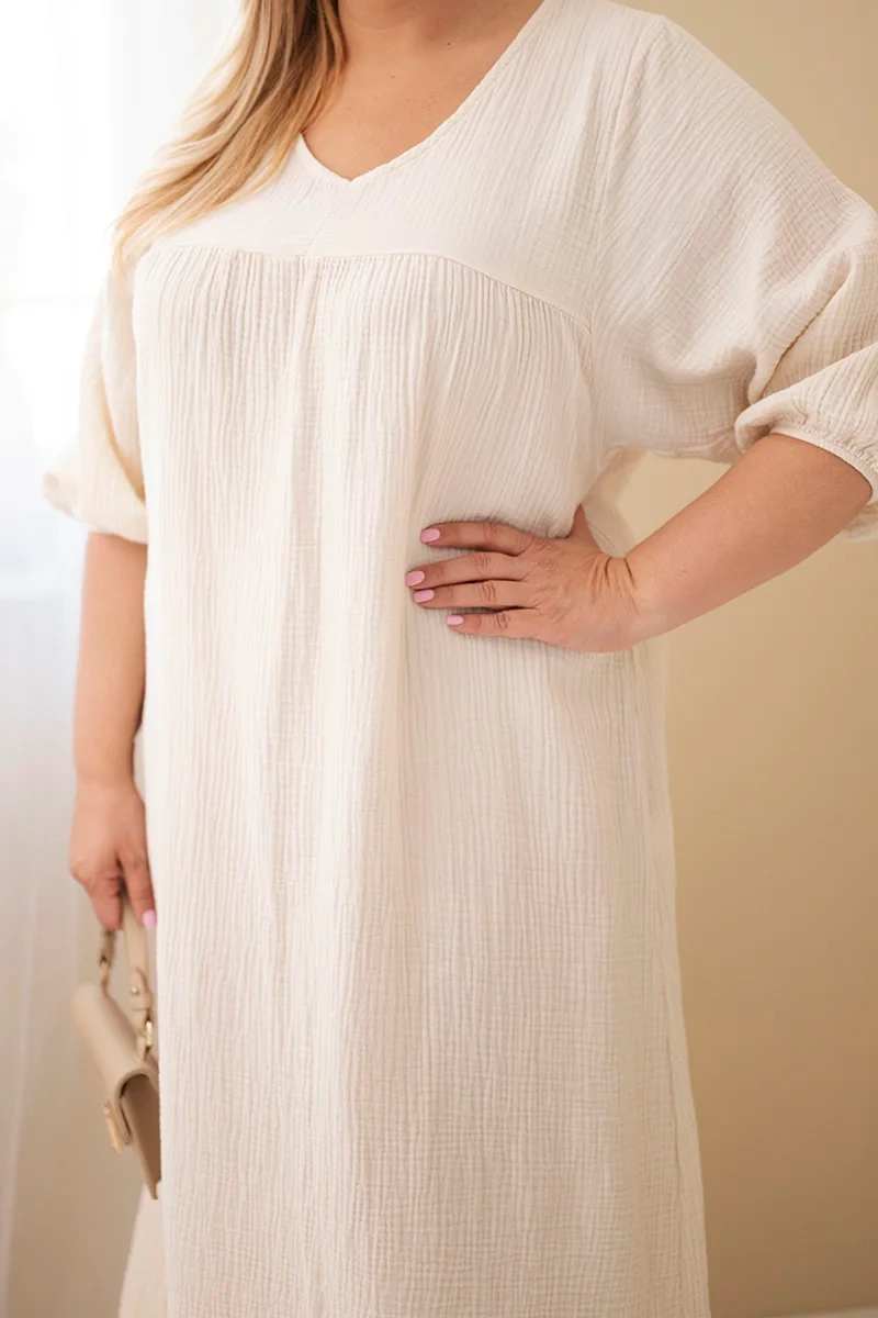 Bavlnené šaty Plus Size s V-výstrihom béžové