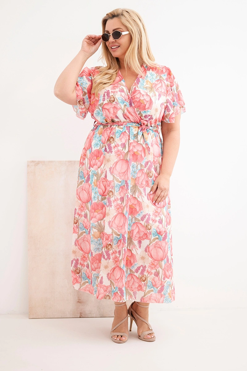 Kesi květinové plus-size šaty s páskem růžové