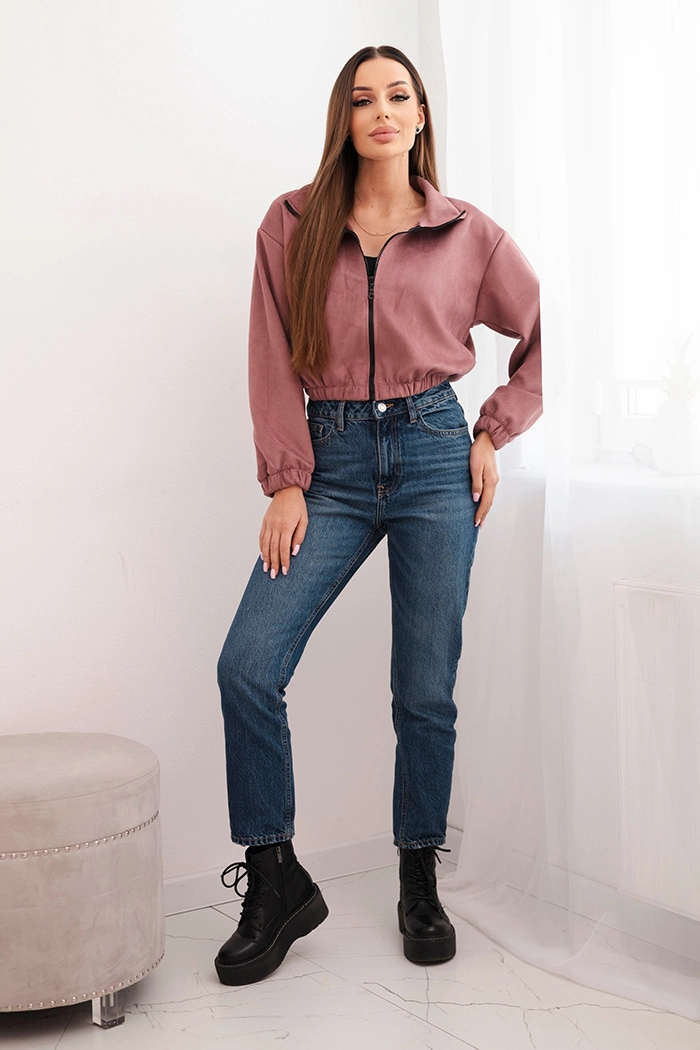 Suede sweatshirt with a zip dark pink