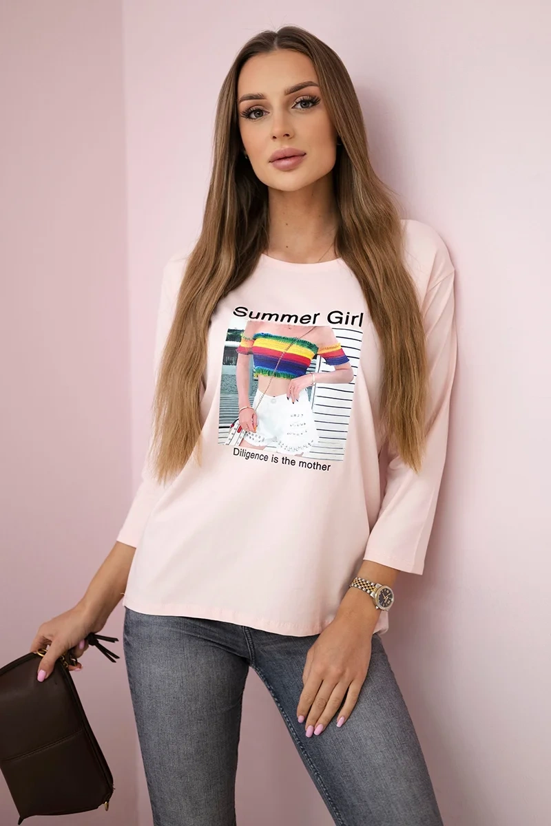 Blouse with Summer Girl print in powder pink