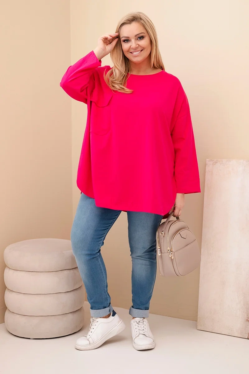 Kesi Włoski Dámska blúzka Plus Size s bavlnou, s vreckom a s podhnutým rukávom fuksia