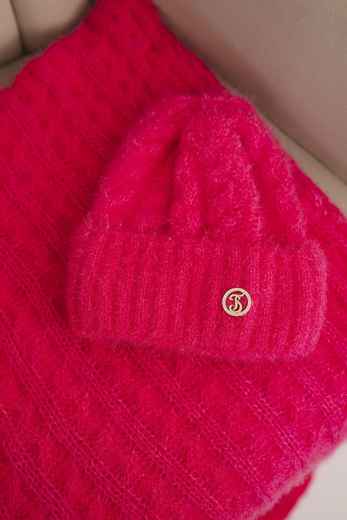 Kesi Women&#039;s set hat and scarf ribbed with decoration neon pink