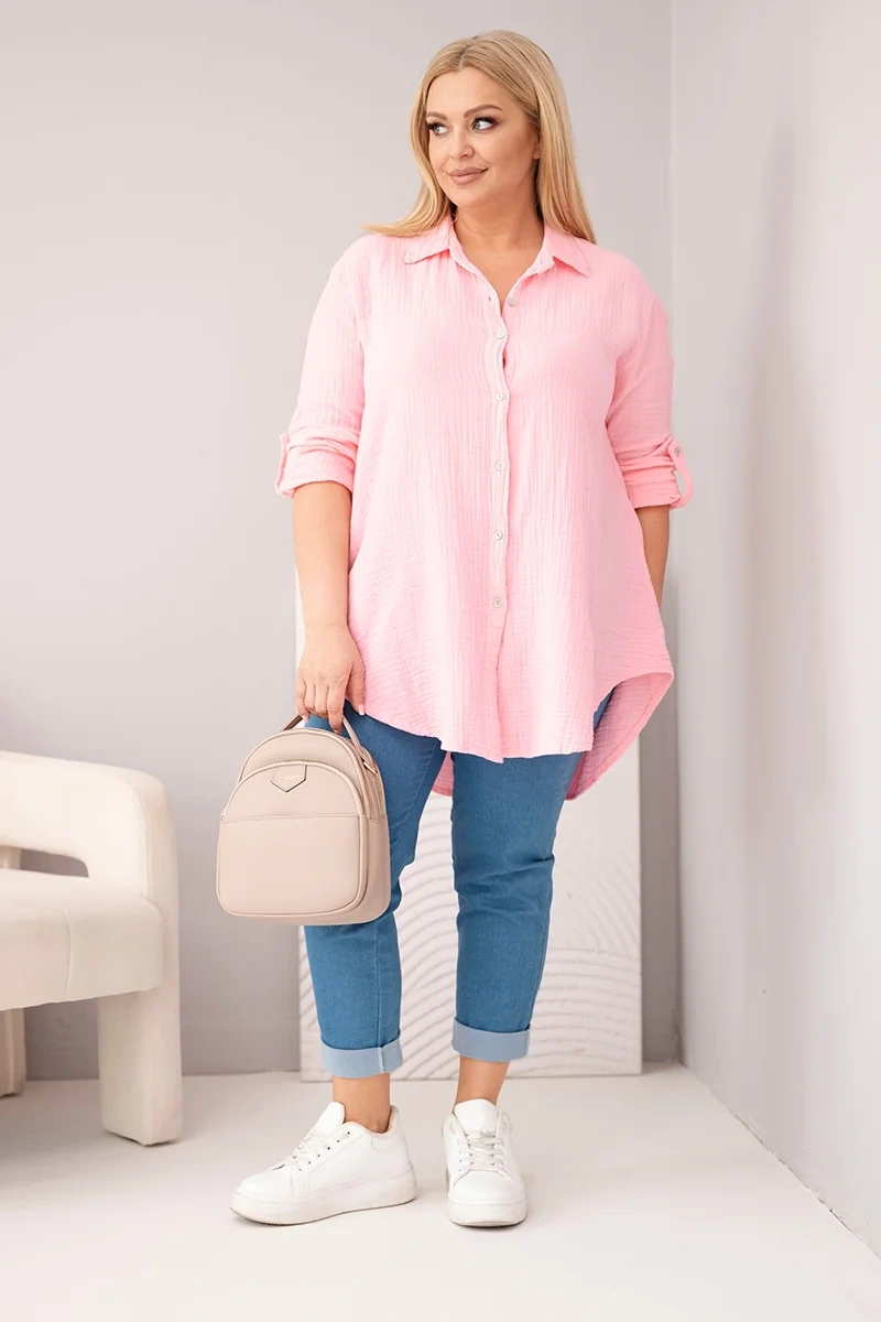 Kesi Włoski Bavlnená mušelínová košeľa Plus Size cukríková ružová