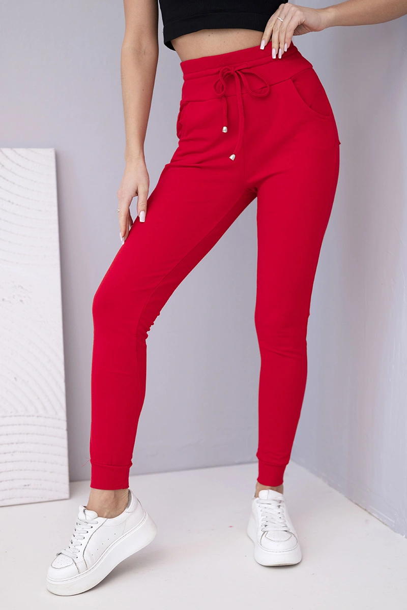 Дамски спортен панталон с висока талия и връзки, червен