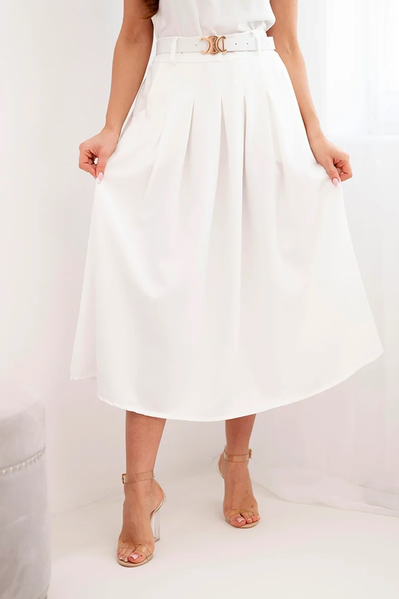 Дамска вискозна пола с колан и плисета, екрю