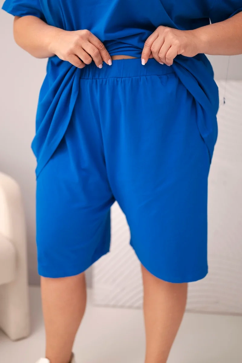 Dámska plus size súprava s blúzkou a šortkami, modrá