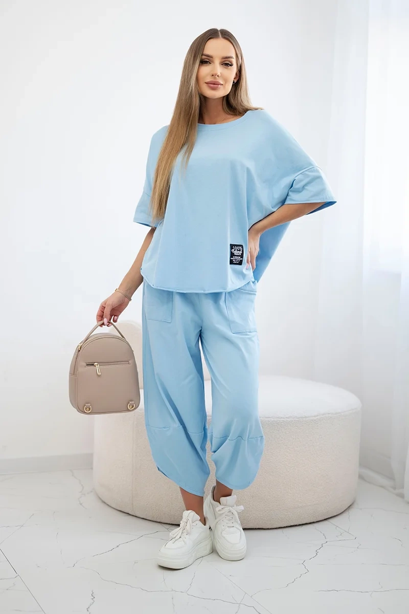 Włoski Cotton set blouse + trousers blue