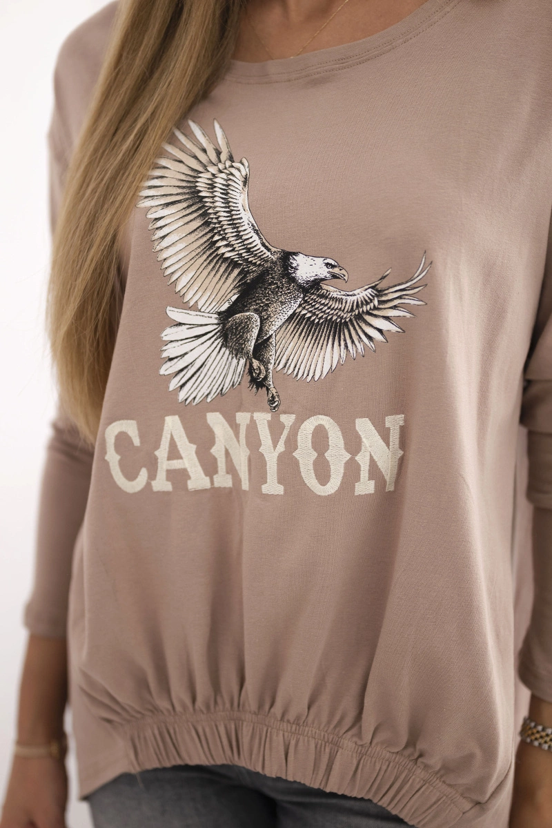 Kesi Women's blouse with eagle and Canyon inscription camel