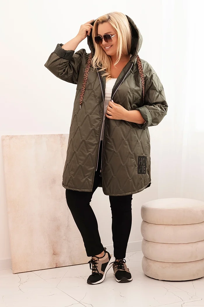 Kesi Włoski Plus Size women's quilted jacket with a hood and the inscription HOPE khaki