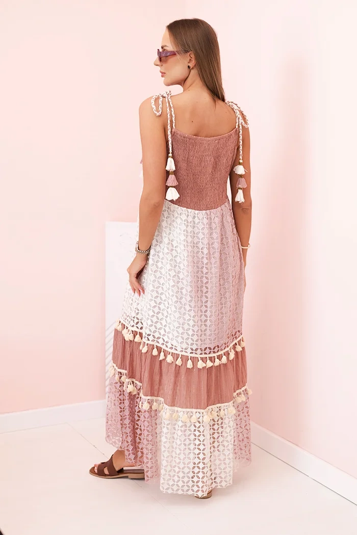 Kesi Włoski Women's boho dress with straps with embroidery and lace camel