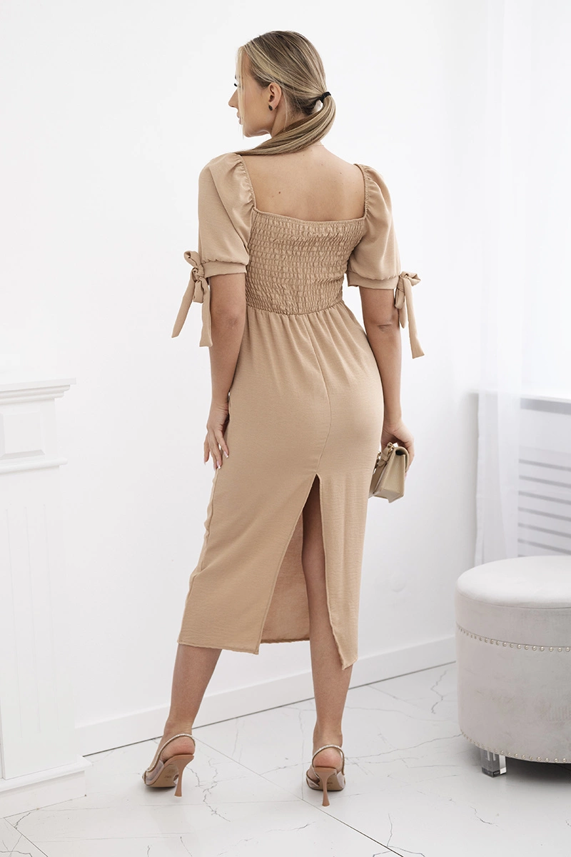Women's dress gathered at the back with tied sleeves - camel