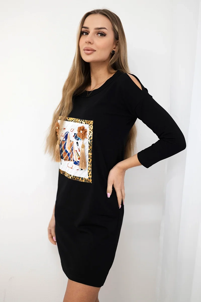 Dress with 3D graphics and decorative pom pom black