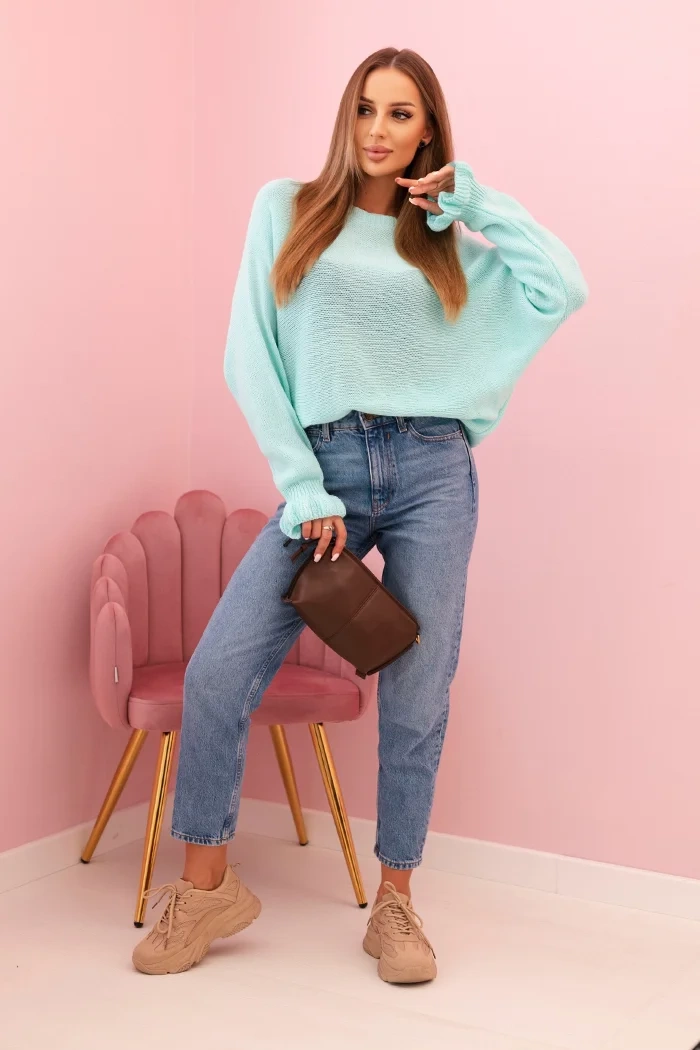 Kesi Włoski Women's mohair sweater with gathered sleeves and a cutout on the back mint
