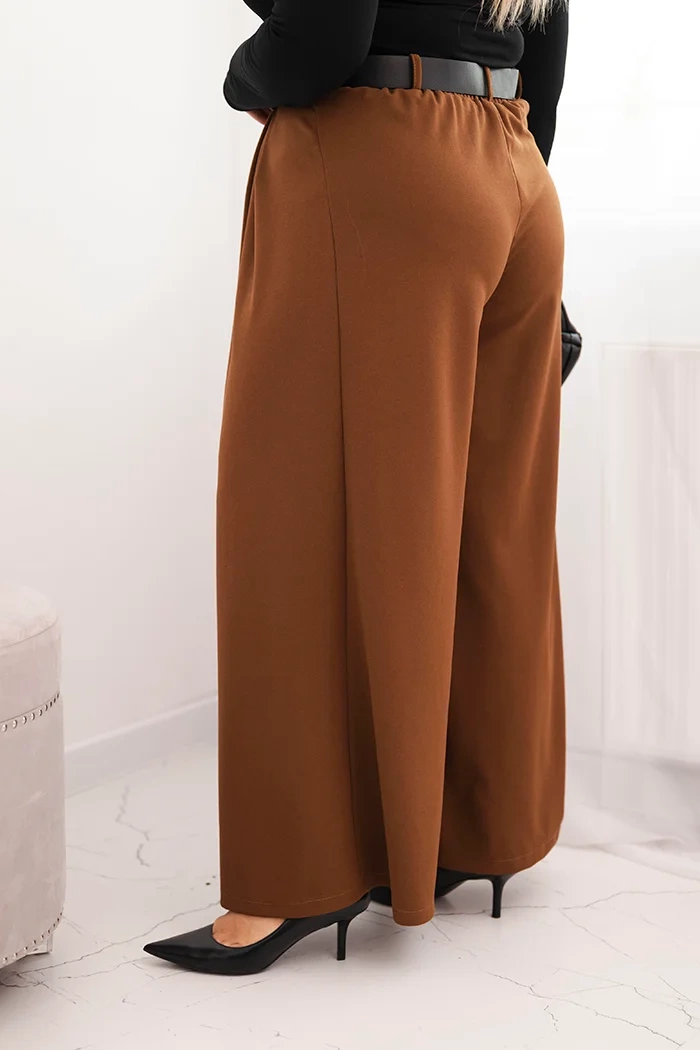 Kesi Włoski Plus Size women's pants with wide leg and belt chocolate