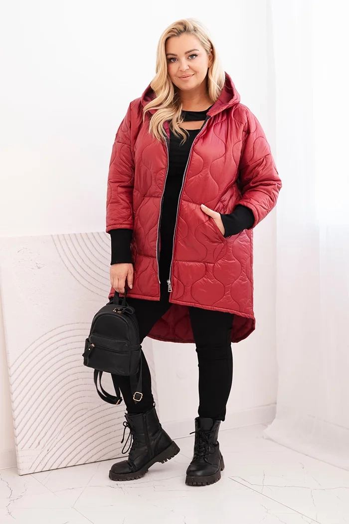 Kesi Włoski Plus Size women's winter quilted jacket with a hood burgundy