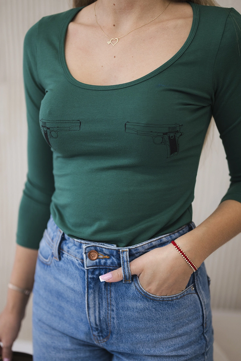 Nude blouse with green gun print