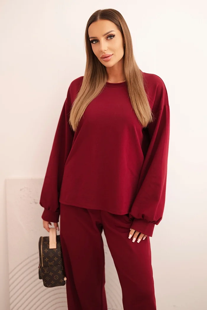 Polski Women&#039;s cotton set with wide legs and long-sleeve sweatshirt burgundy