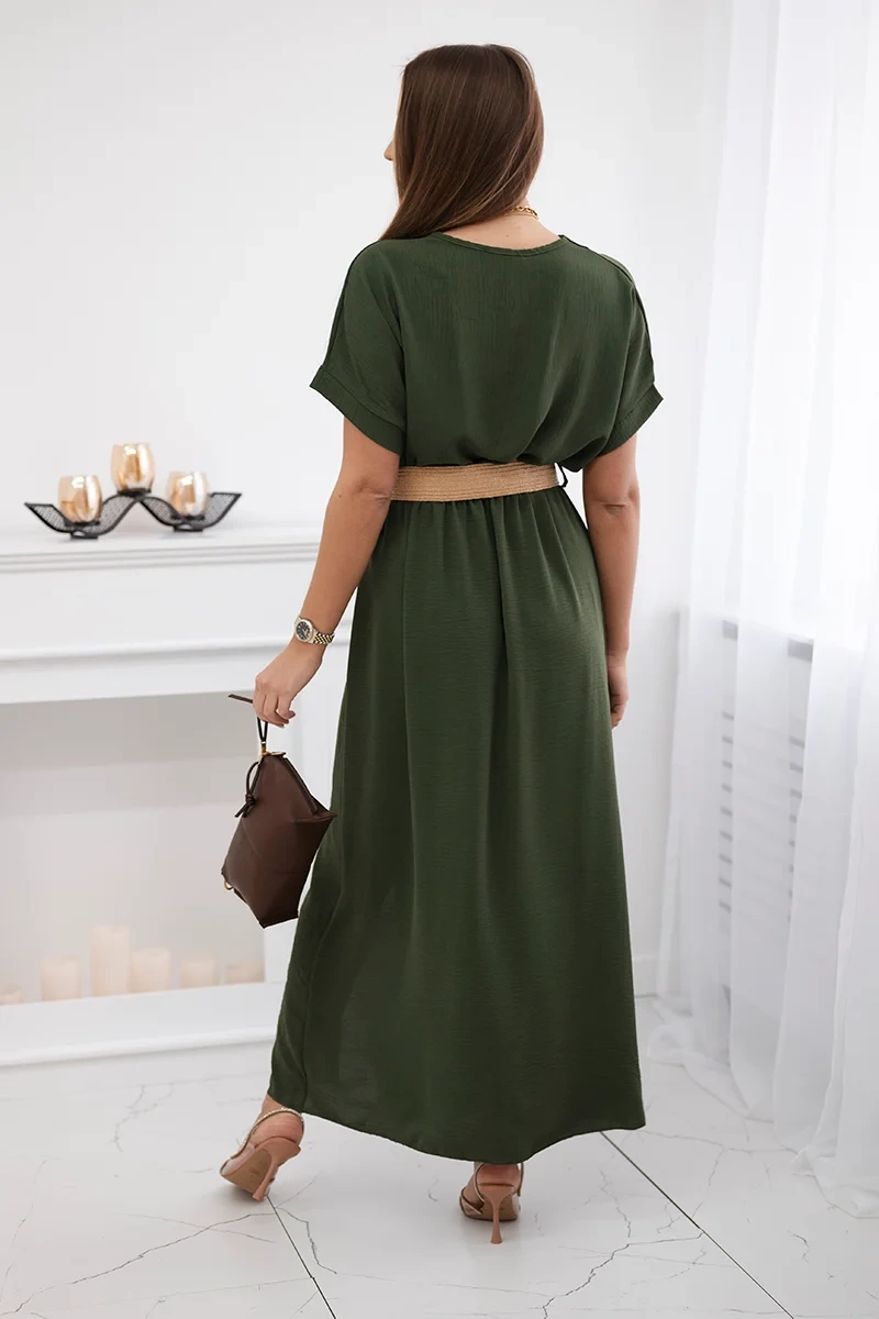 Kesi Włoski Long dress with a decorative belt khaki