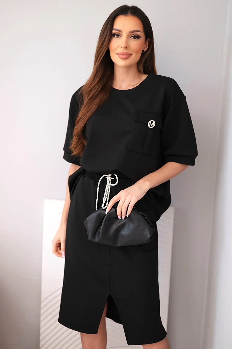 Дамски комплект Kesi с блуза и миди пола, черен