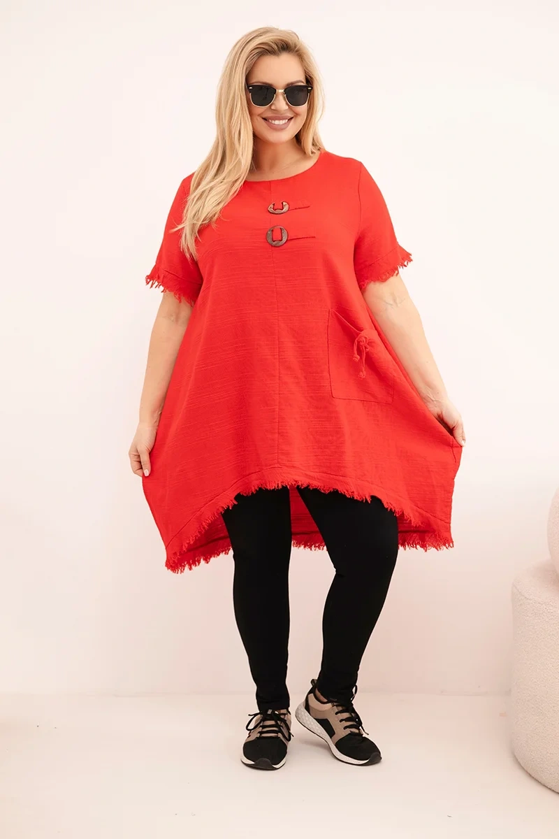 Kesi dámske plus size šaty s dlhším chrbtom a vreckom červené