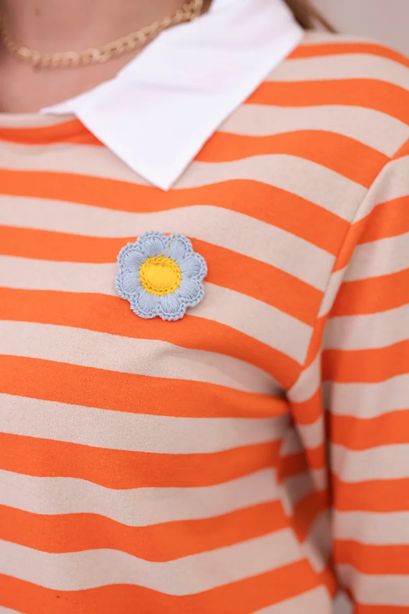 Striped cotton blouse with collar orange+beige
