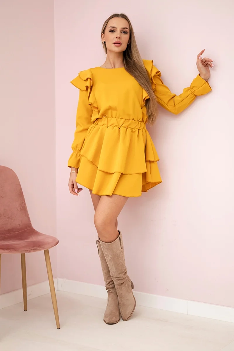 Dress with vertical mustard ruffles