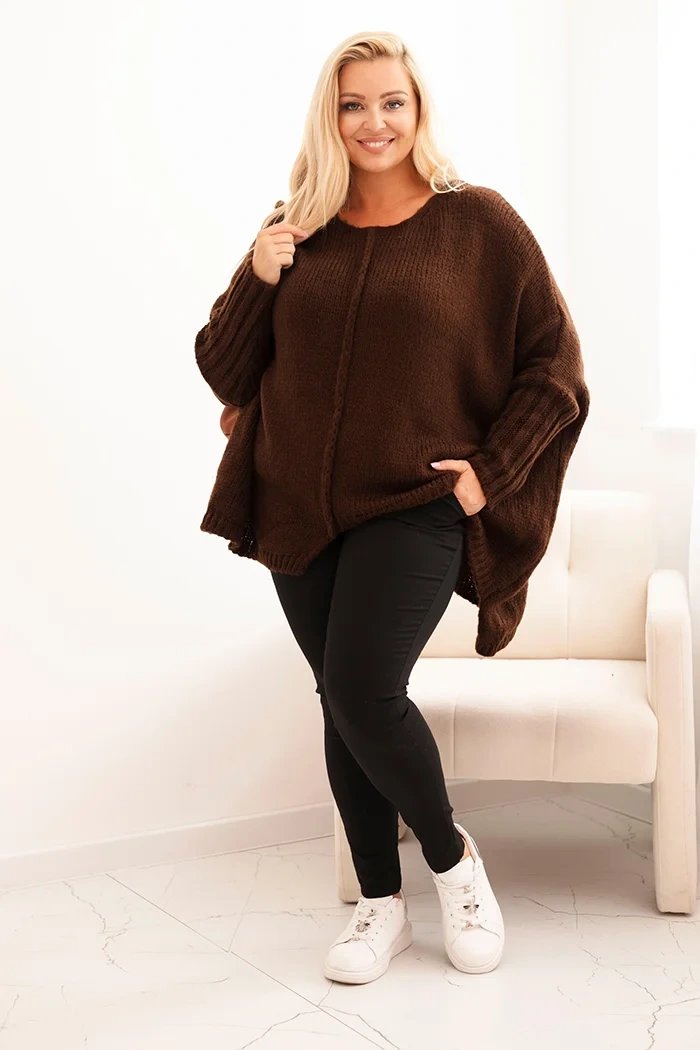 Kesi Włoski Dámsky sveter Plus Size s akrylom vo voľnom strihu a rukávom 3/4 hnedý