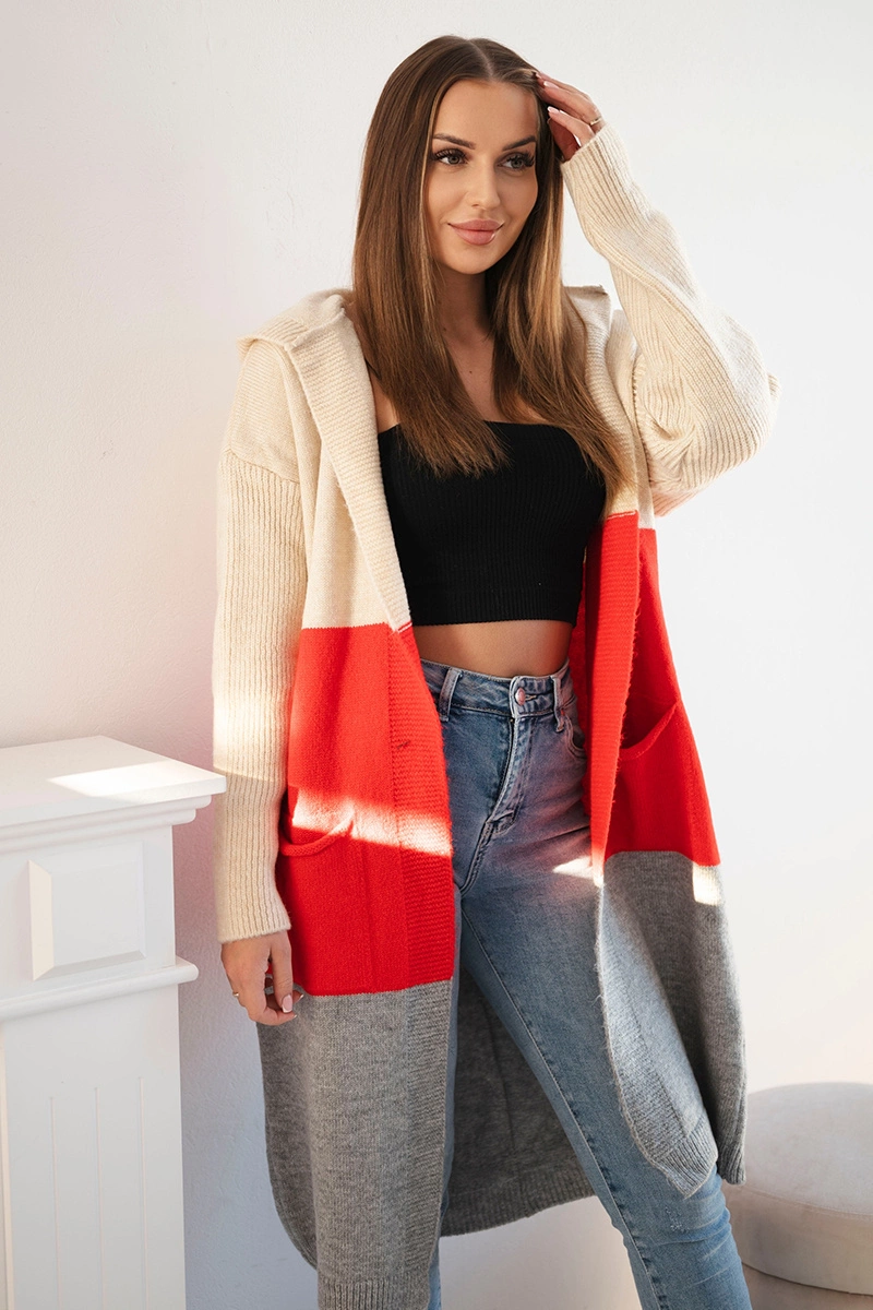 Striped Hooded Sweater Beige+Red+Pink