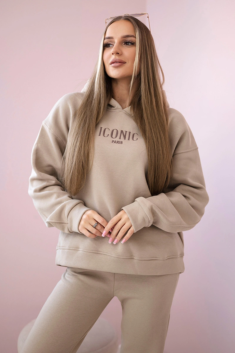 Insulated cotton set, sweatshirt with embroidery + beige trousers