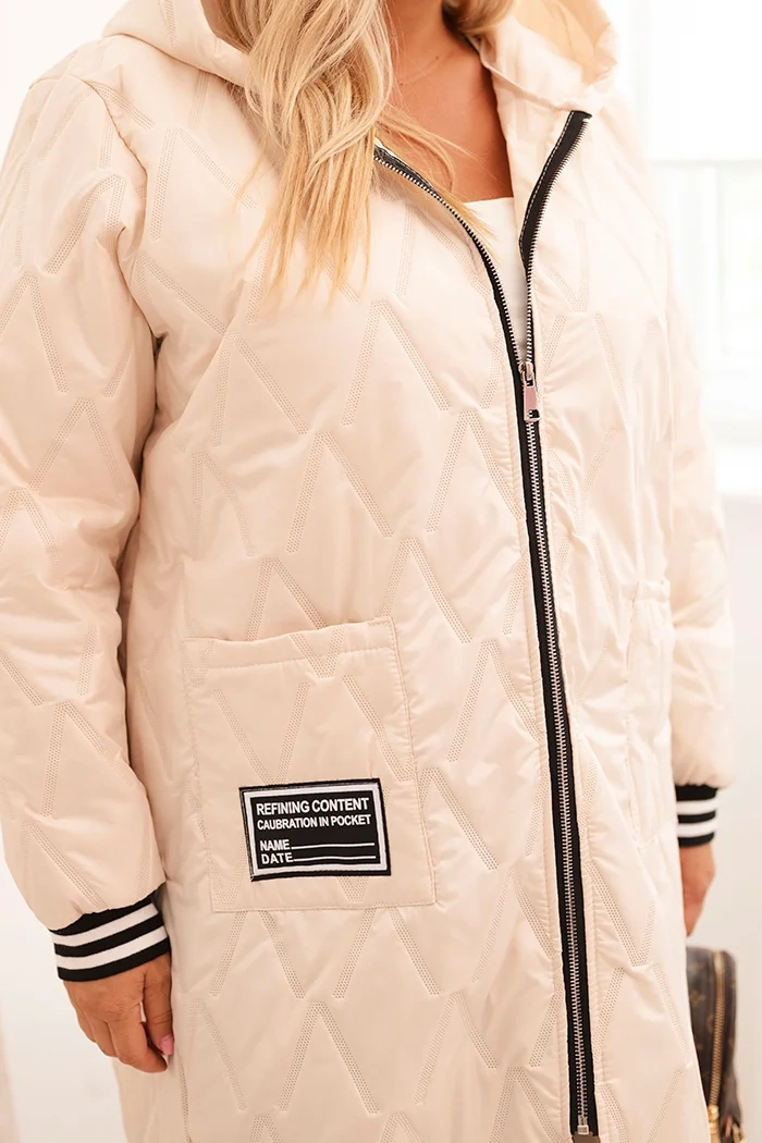 Kesi Włoski Plus Size women&#039;s quilted jacket with a hood and sporty cuffs beige