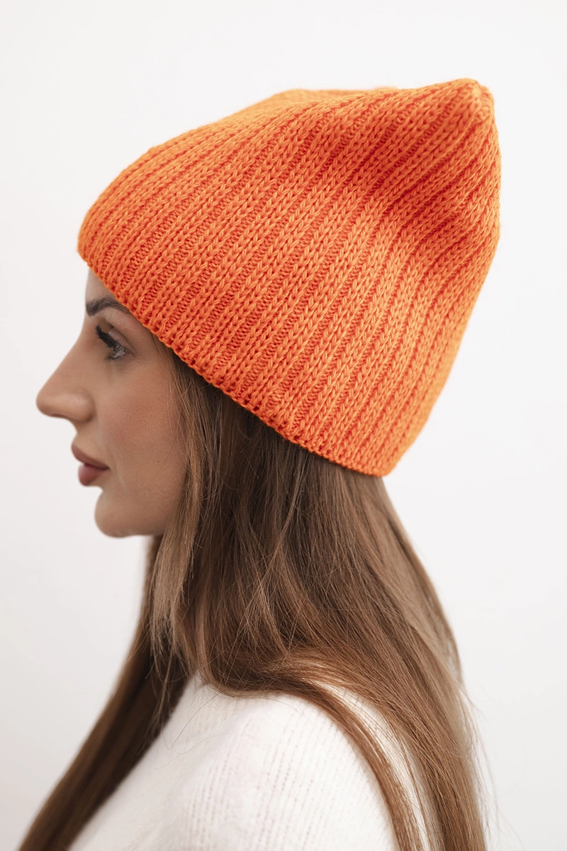 Kesi Women's winter cap with wool in a cat shape made of ribbed knit K419 orange
