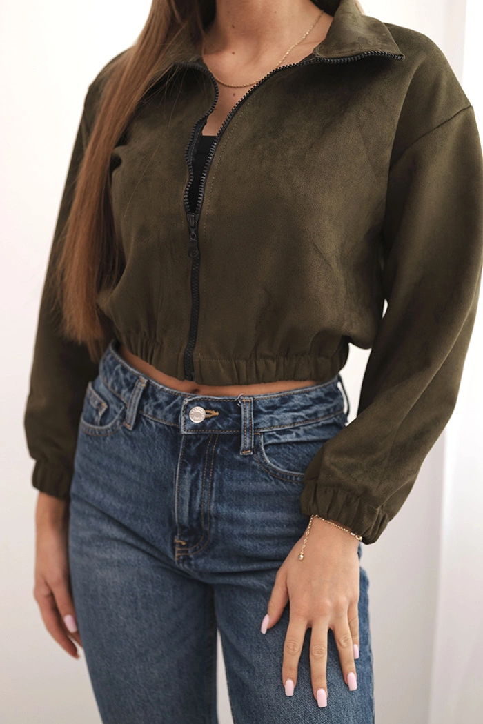 Suede zip-up sweatshirt in khaki color