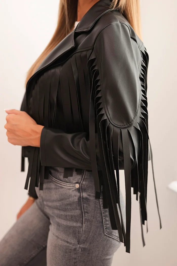 Kesi Włoski Women's eco-leather jacket with fringes in boho style black
