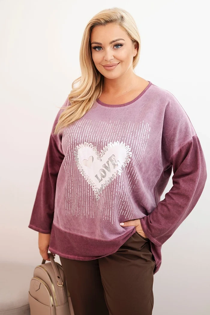 Kesi Włoski Dámska mikina Plus Size bavlnená s potlačou srdca a šnúrkami tmavo ružová