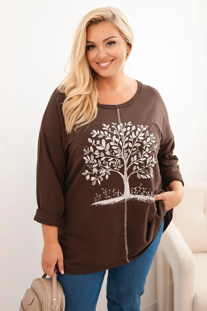 Kesi Włoski Women&#039;s Plus Size cotton blouse with tree print brown