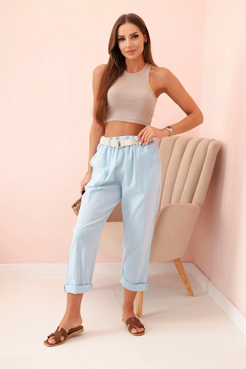 Kesi Włoski Women's linen cotton pants with a belt blue