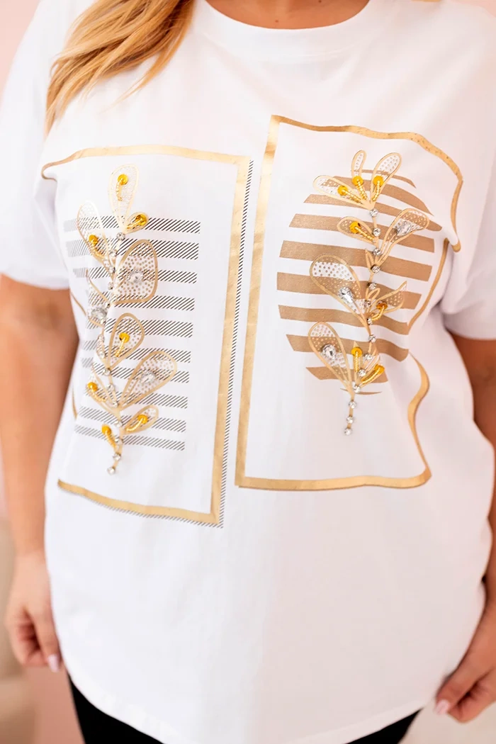 Kesi Włoski Women's cotton Plus Size blouse with rhinestones white + camel