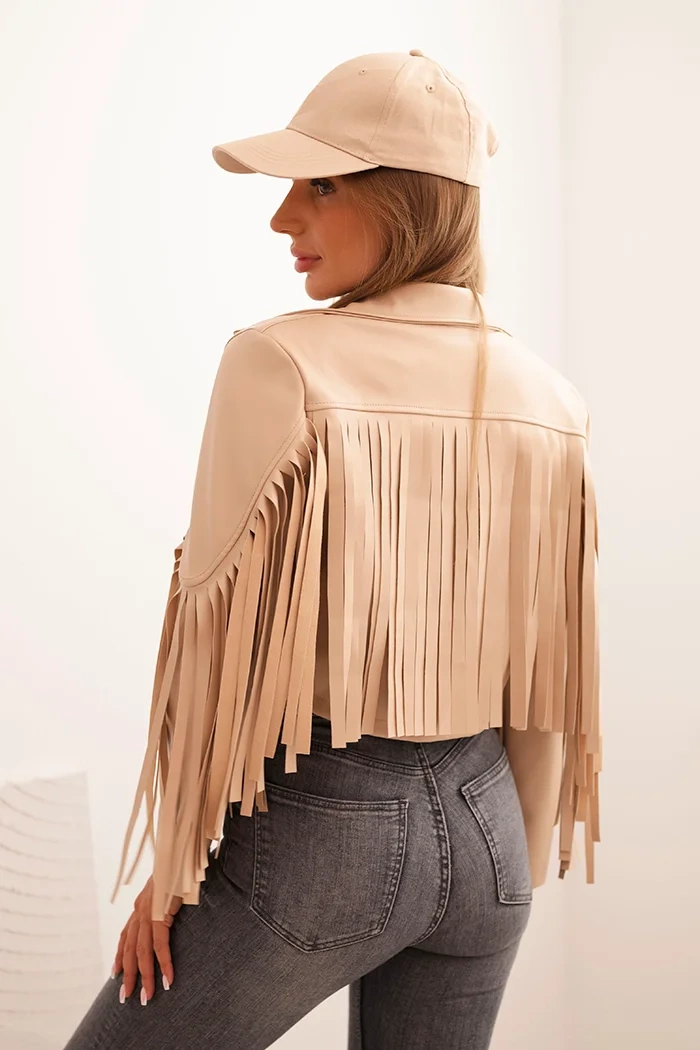 Kesi Włoski Women's faux leather jacket with fringes in boho style light camel