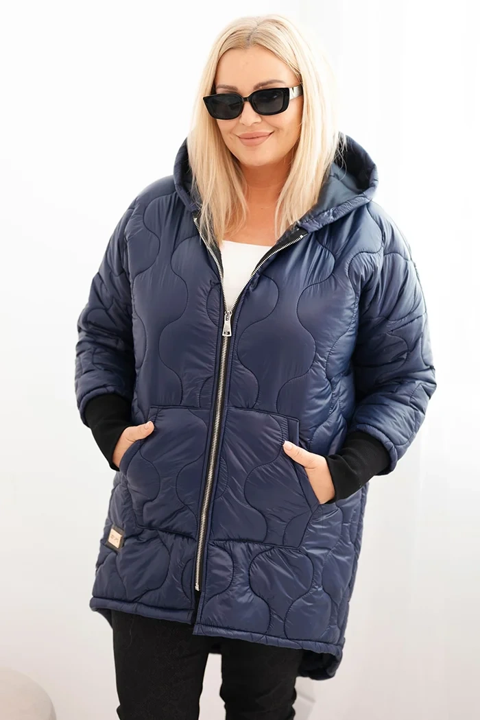 Kesi Włoski Women's Plus Size quilted jacket with a hood navy blue