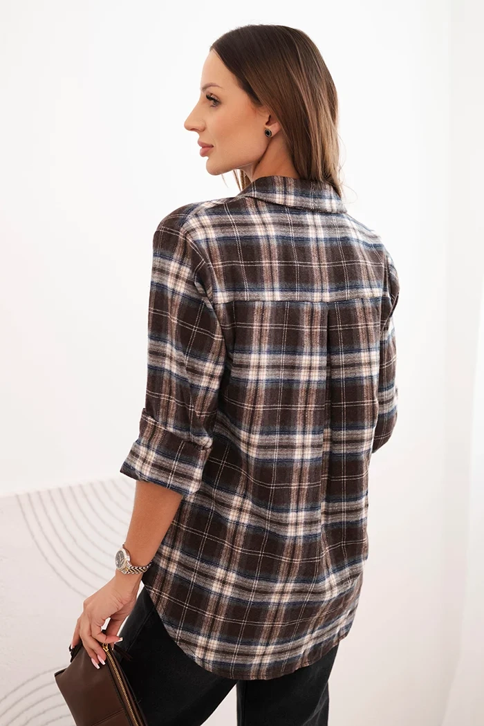 Kesi Włoski Women's checkered cotton shirt with a longer back brown