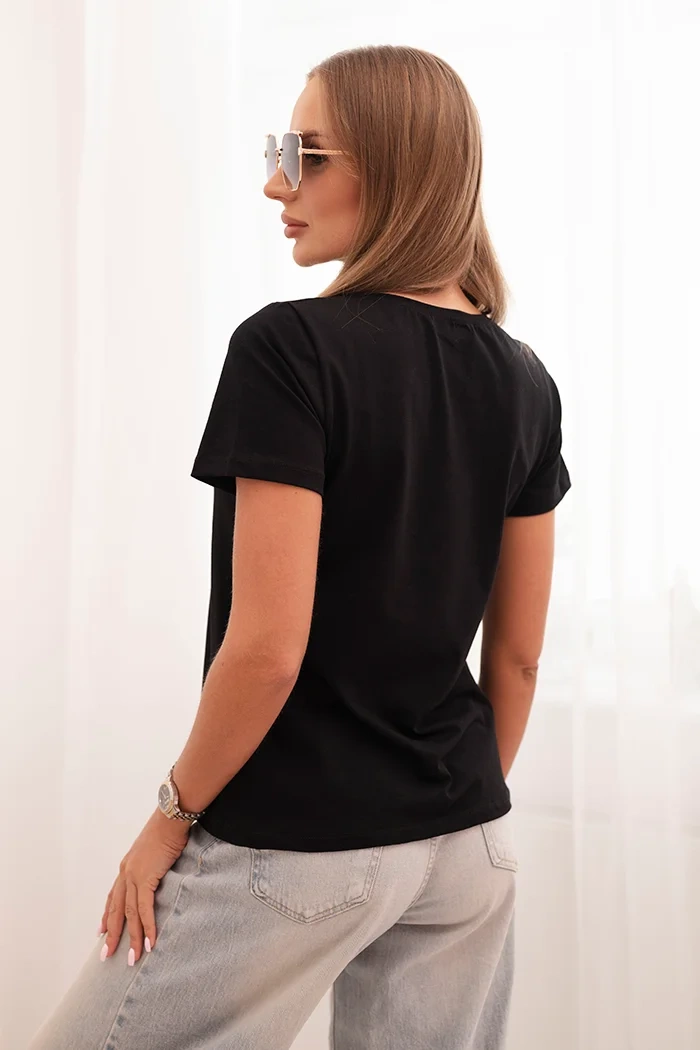 Kesi Women's cotton blouse with short sleeves and a patch with pearls black