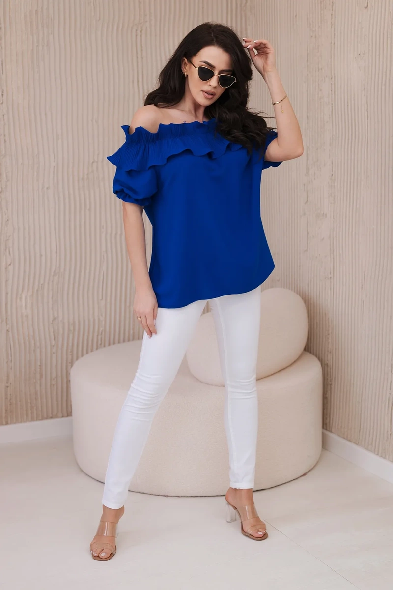 Spanish blouse with decorative ruffle cornflower blue