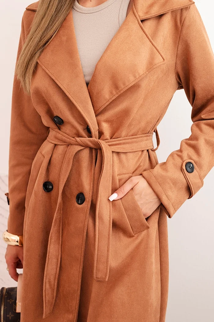 Kesi Włoski Women's coat tied at the waist with a collar and buttons camel