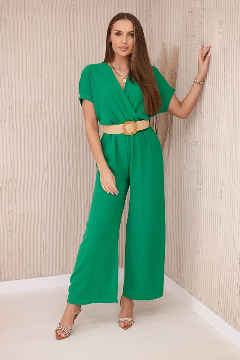 Kesi Włoski Overalls with a decorative belt at the waist dark green