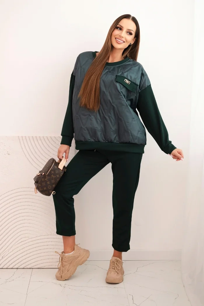 Kesi Włoski Women's tracksuit set made of viscose with a quilted sweatshirt and pants dark green